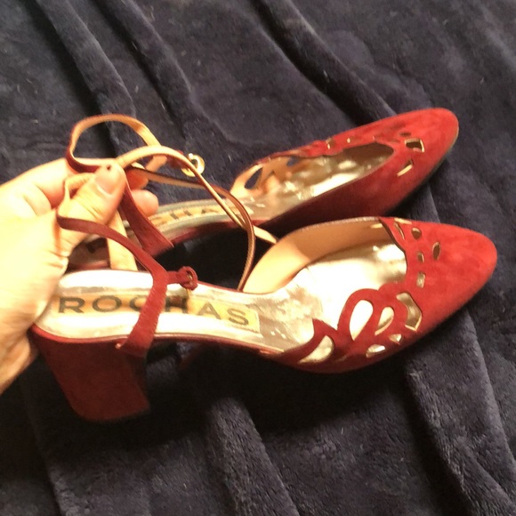 Rochas Suede Red Block Heels Laser Cut - Picture 7 of 7